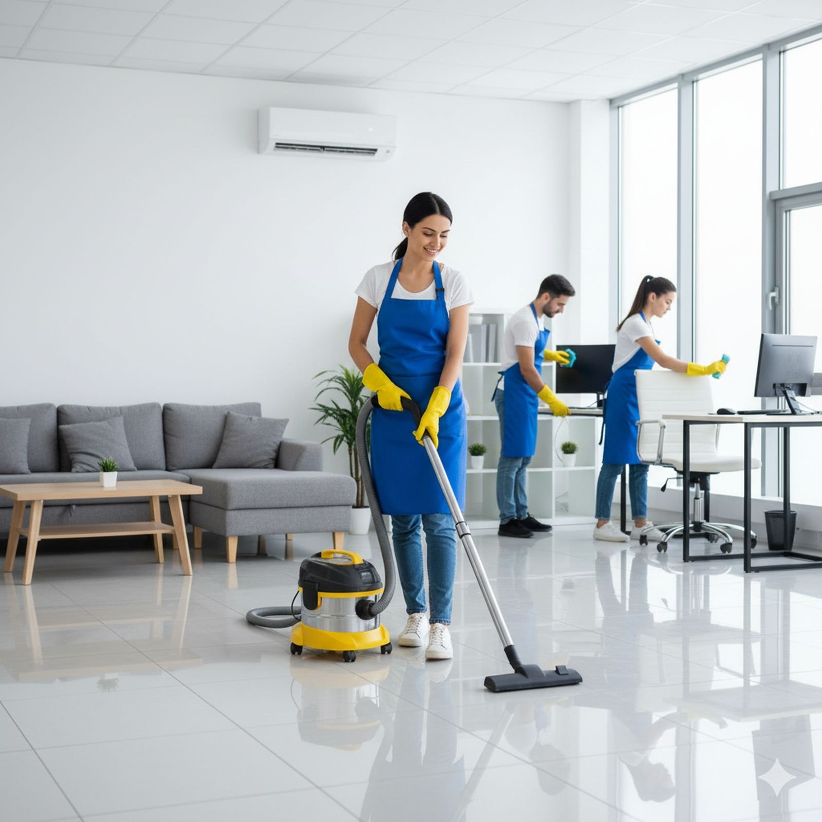 Heller, glänzender Büroflur – frisch gereinigt